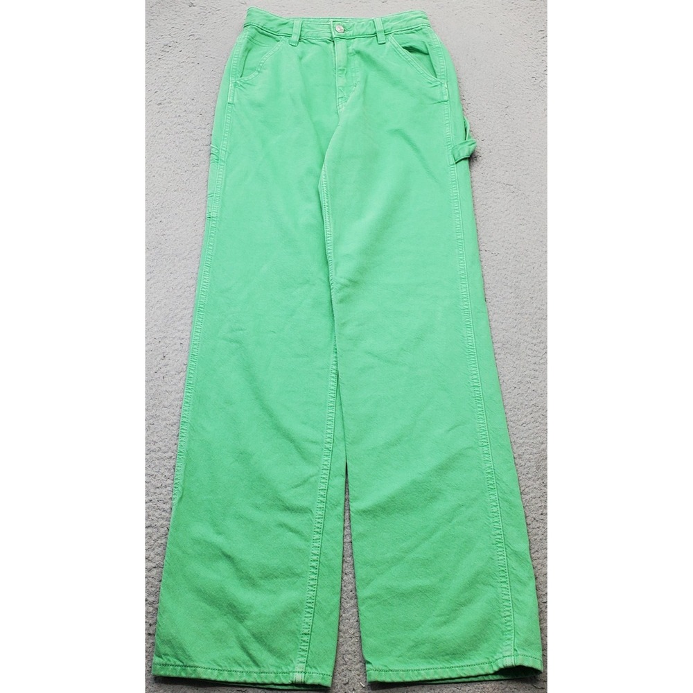 PacSun 90s BF Carpenter Jeans Women 25 Green Denim Straight Leg Workwear Stretch